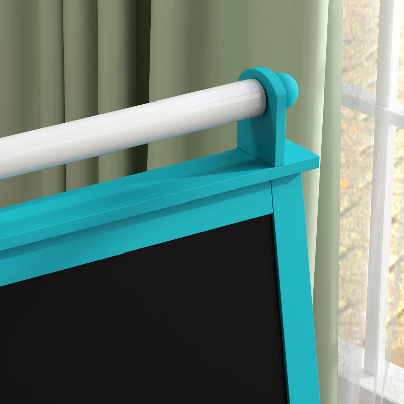 Qaba Double Sided Easel for Kids, Standing Toddler Easel with Paper Roll, Magnetic Whiteboard, Chalkboard & Storage, Blue