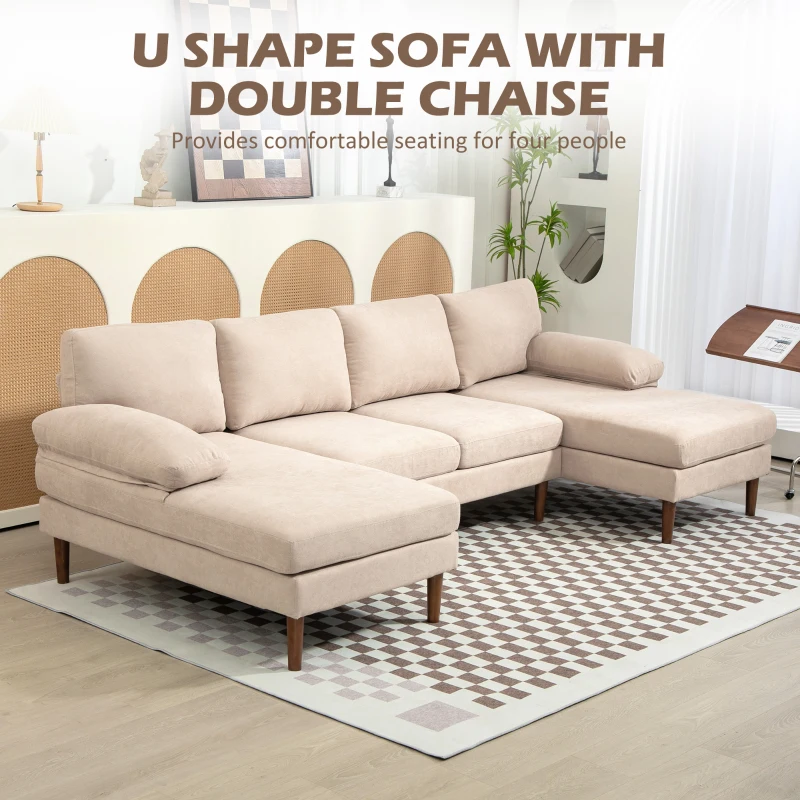 HOMCOM U Shape Couch with Double Chaise Lounge, Modern 4 Seater Sofa with Wooden Legs, Fabric Sofa for Living Room, Beige
