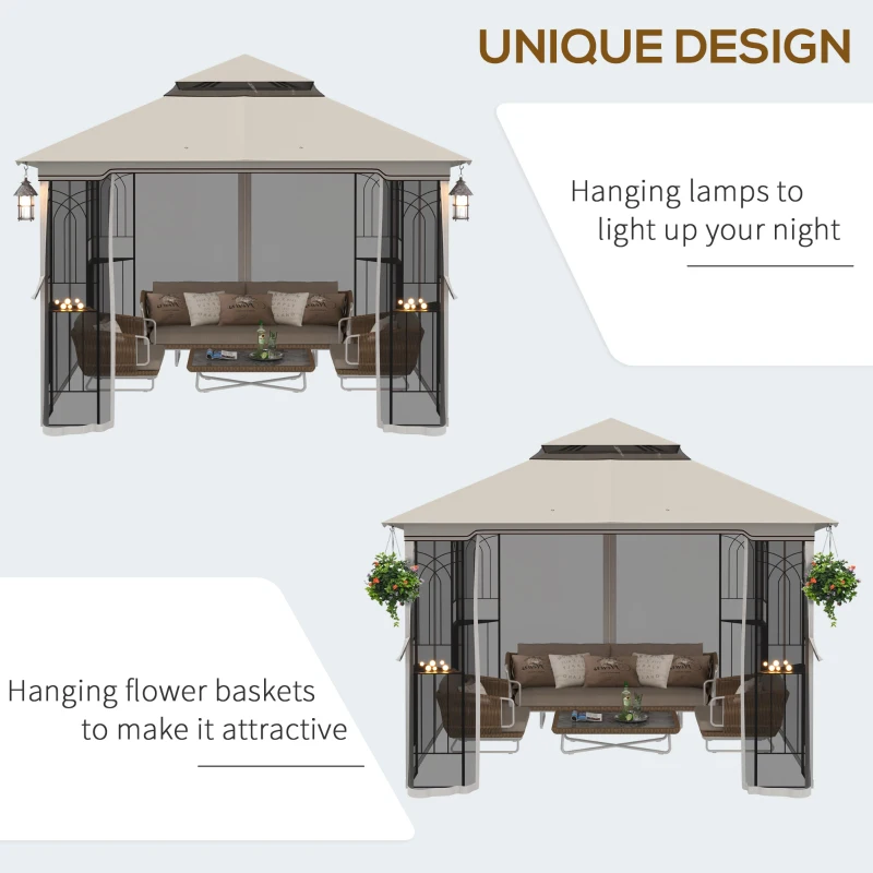 Outsunny 10'x10' Soft-top Patio Gazebo with Double Tier Roof, Mesh Curtains, Display Shelves, Top Hooks, Beige