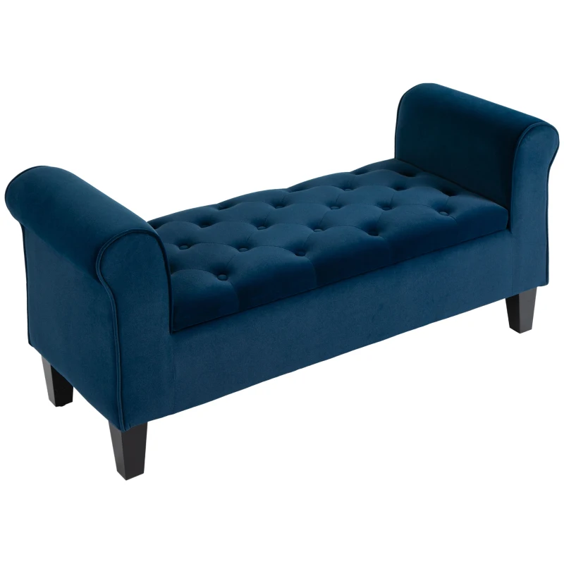 HOMCOM Button-Tufted Storage Ottoman Bench, Upholstered Bench with Rolled Armrests for Living Room or Hallway, Blue