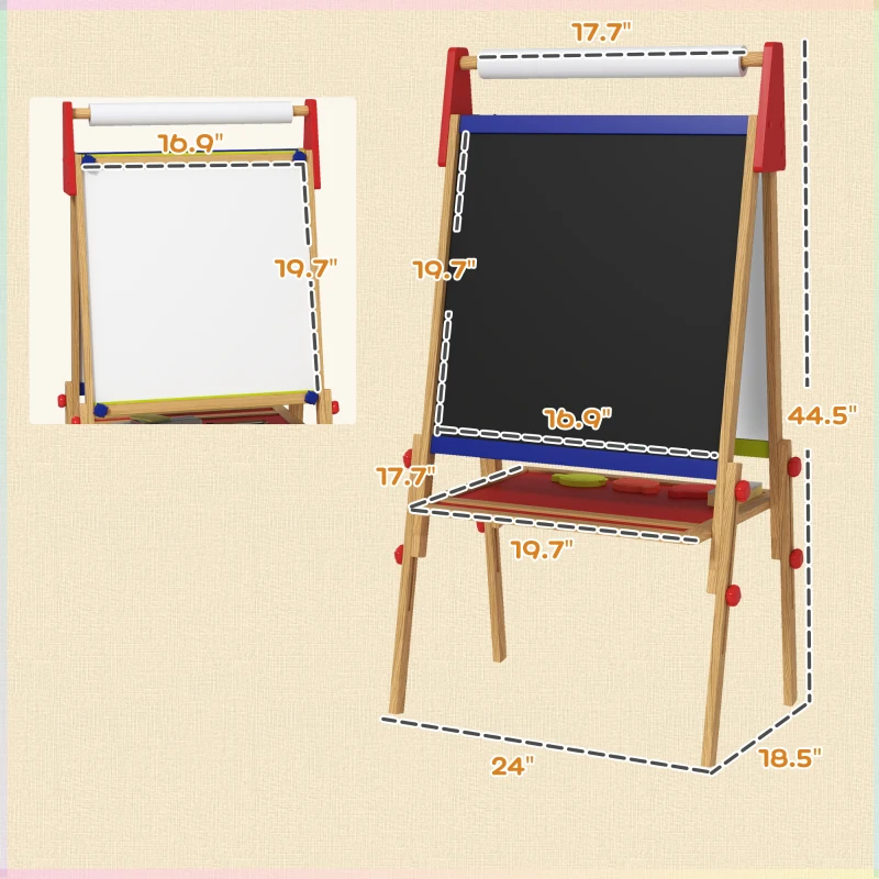 Qaba 3 in 1 Easel for Kids with Paper Roll, Whiteboard, Chalkboard, Double Sided & Adjustable Height, Nature Wood