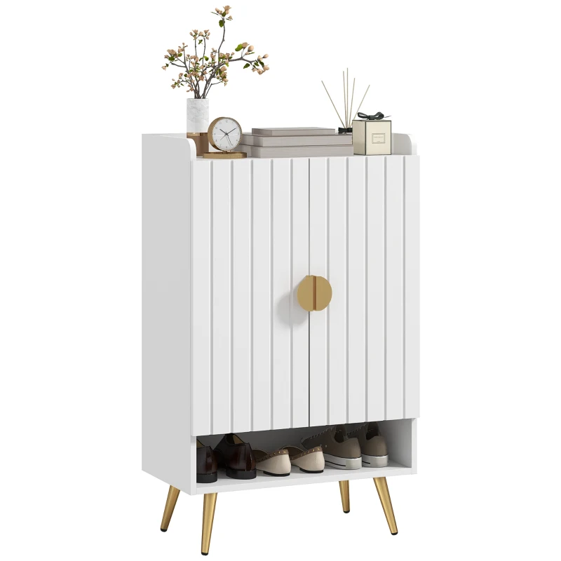 HOMCOM Entryway Shoe Storage Cabinet, Narrow Shoe Cabinet with Adjustable Shelves and Open Shelf for 15 Pairs of Shoes, White
