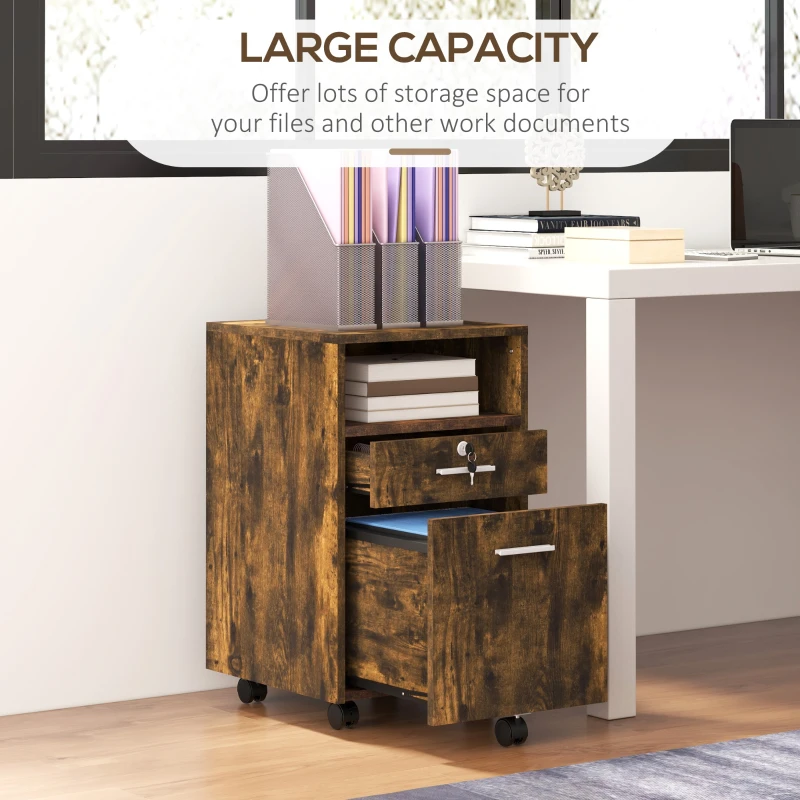 Vinsetto Small Filing Cabinet with 2 Drawers, Lockable Home Office Storage Cabinets on Wheels for A4, Letter Size, Rustic Brown