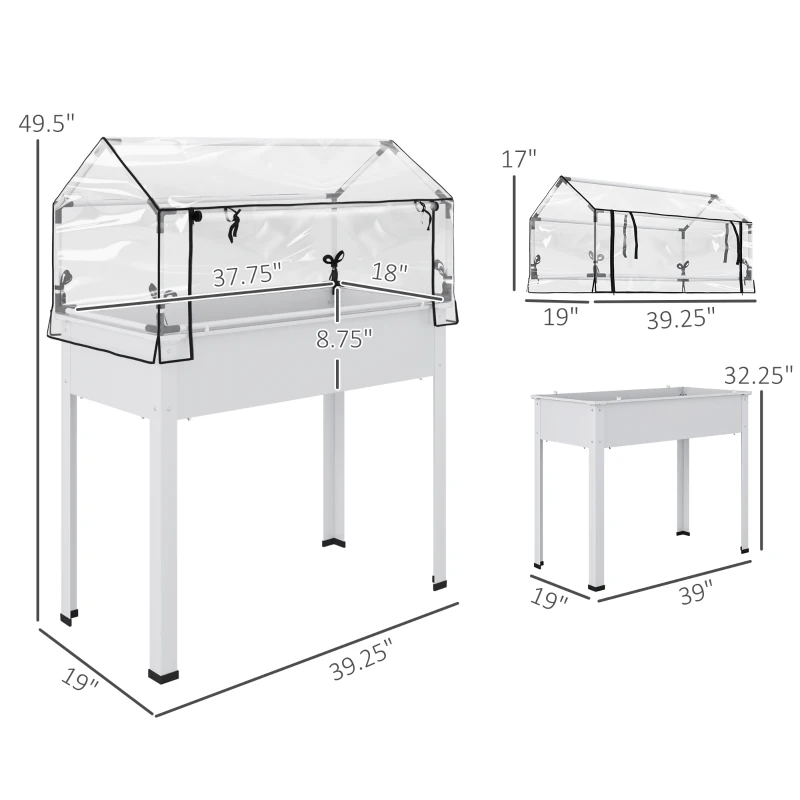 Outsunny Elevated Garden Box with Greenhouse Cover, Raised Garden Bed with Legs and Drainage Hole for Vegetables, White