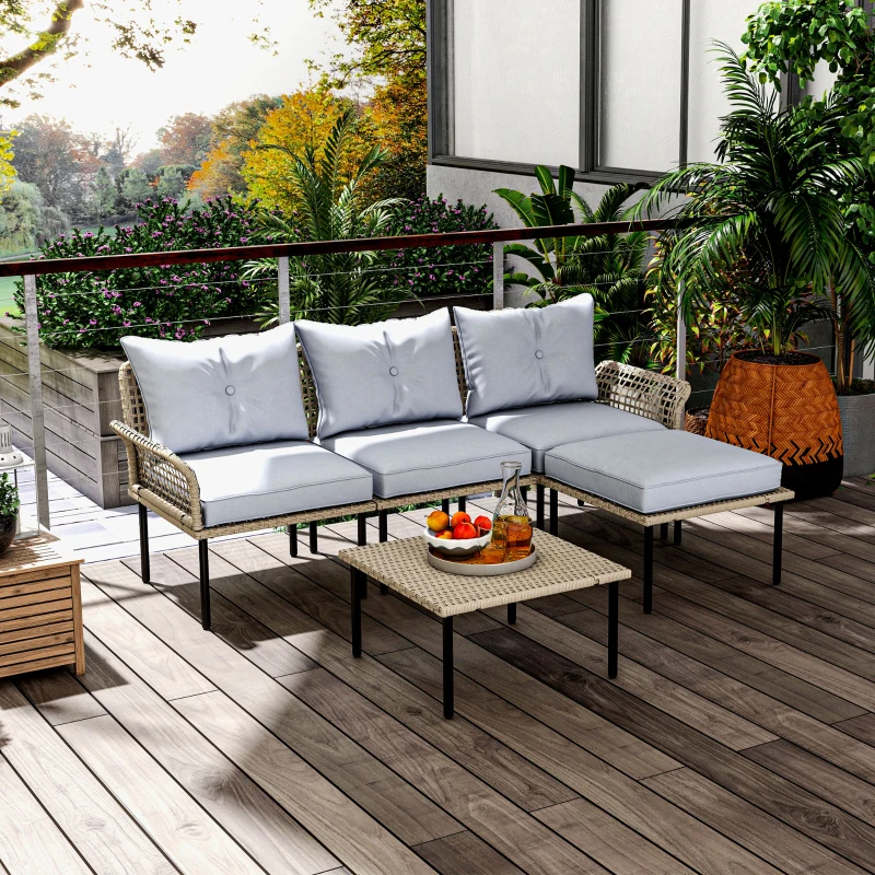 Outsunny 5-Piece Rattan Patio Furniture Set with Sofa, Chaise Lounge, Coffee Table, Footstools, Cushions, Light Gray