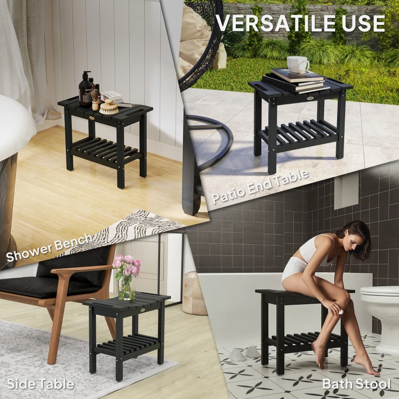 Outsunny HDPE Shower Bench, Waterproof Shower Stool with Handle, Storage Shelf, Non-Slip Pads for Indoor Outdoor, Black