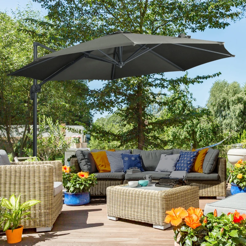 Outsunny 9.6' Cantilever Patio Umbrella Outdoor Hanging Offset Umbrella, Cross Base, 360° Rotation Aluminum Poles, Grey