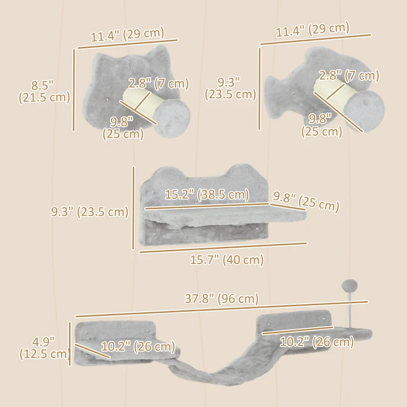 PawHut 4PCs Cat Wall Shelves with Steps, Scratching Posts, Ladder, Platforms, Toy Balls