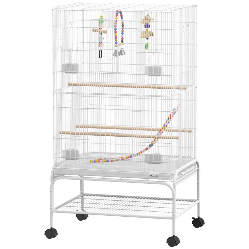 PawHut 43" Bird Cage with Rolling Stand, Toys, for Budgies Canaries White