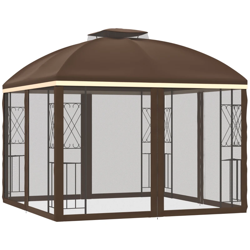 Outsunny 10' x 10' Patio Gazebo with Corner Shelves, Double Roof Outdoor Gazebo Canopy Shelter with Removable Mesh Netting, for Garden, Lawn, Backyard and Deck, Brown