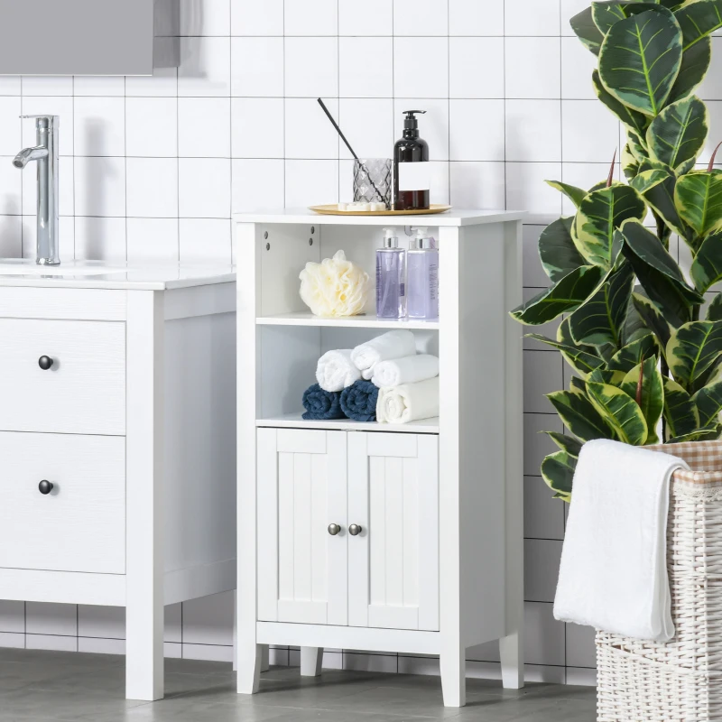 kleankin Bathroom Floor Cabinet, Wooden Bathroom Cabinet with 2 Open Shelves, Double Doors and Adjustable Shelves, Freestanding Storage Cabinet for Bathroom, White