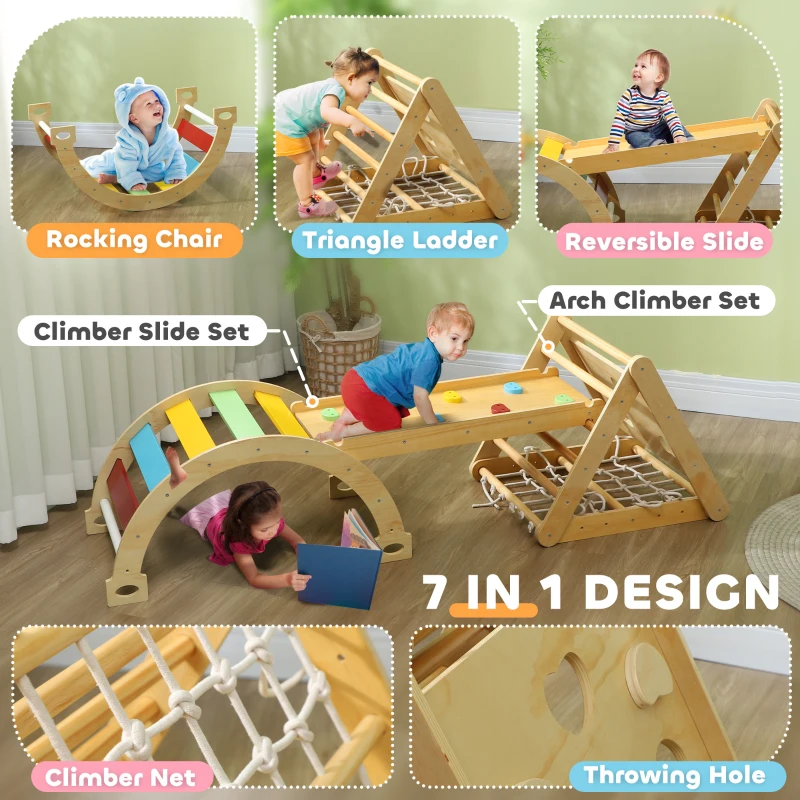 Qaba 7 in 1 Pikler Triangle Set with Ramp & Arch Ladder for 18-48 Months, Multicolored