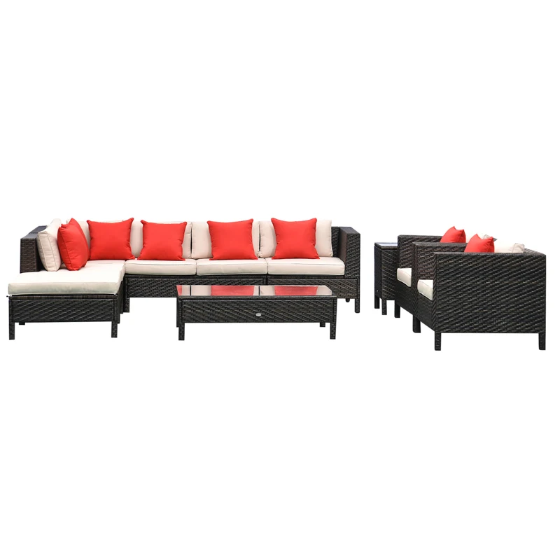 Outsunny Patio Furniture Set, 9 Piece Outdoor Sectional Sofa, All-Weather PE Rattan Wicker Conversation Set with Chairs, Ottoman, Loveseat, Coffee and Side Table, Cushions, Sand