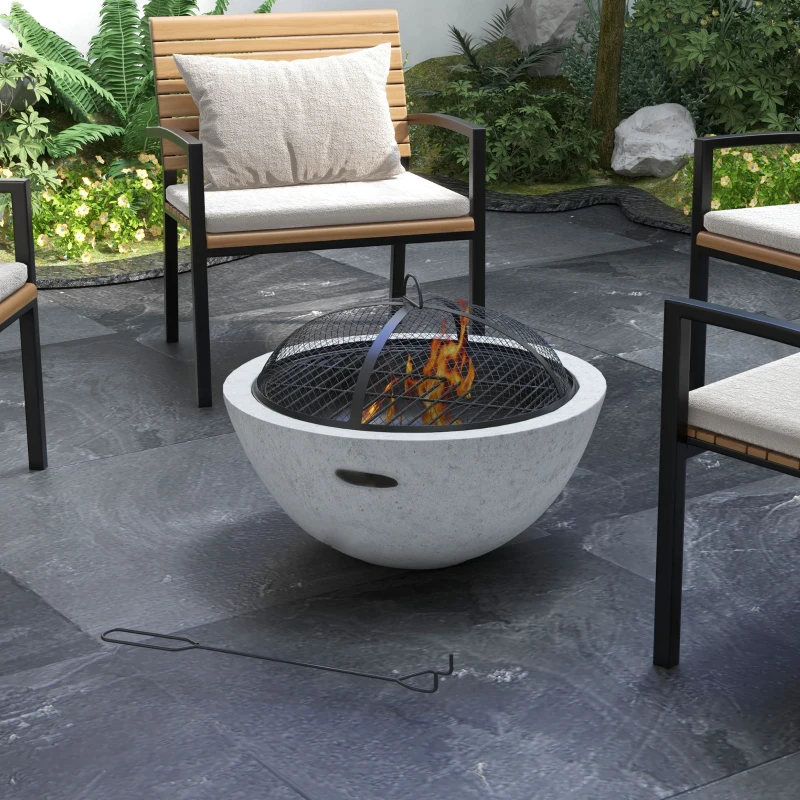 Outsunny 2-in-1 Fire Pit BBQ Charcoal Grill, 24" Wood-burning Firepit with Mesh Lid and Poker, Grey