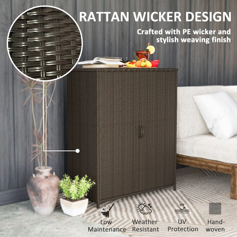 Outsunny Rattan Wicker Outdoor Storage Cabinet with 4 Shelves and 2 Doors for Garden Pool Towel Storage, Coffee