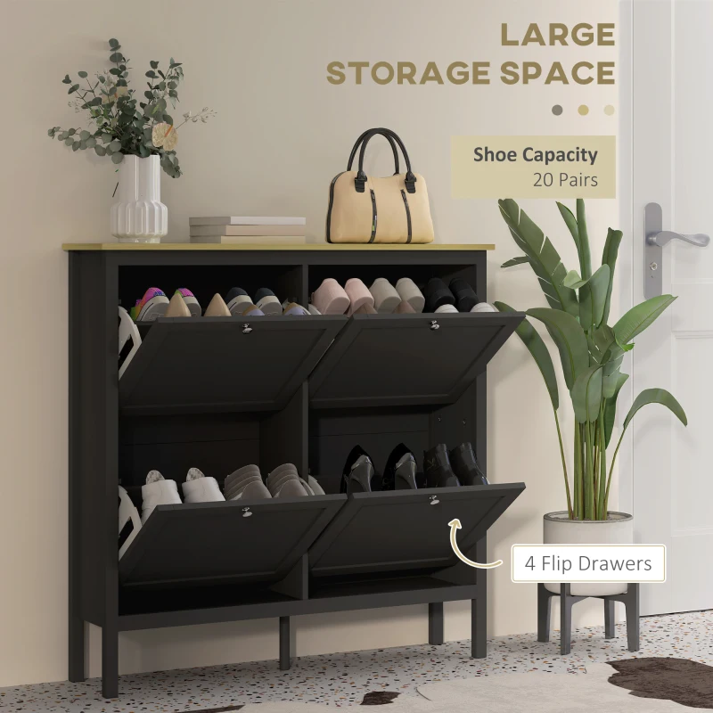 HOMCOM Entryway Shoe Storage Cabinet with 4 Flip Drawers, Adjustable Shelves, Narrow Shoe Cabinet for 20 Pairs of Shoes, Black