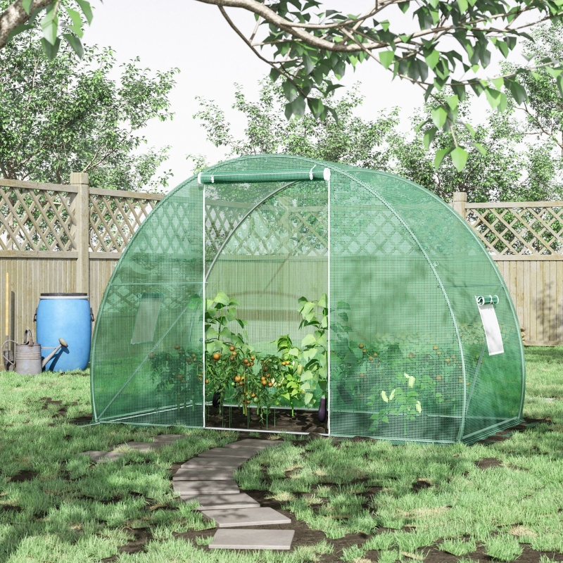 Outsunny Broeikas voor de tuin, 13,35 m², afmetingen: 4,5 l x 3 b x 2 h m, deur 6 oprolbare ramen, verzinkt staal, PE-zeil, hoge dichtheid, wit