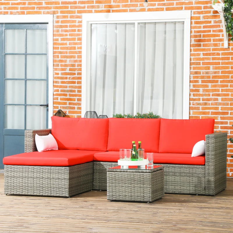 Outsunny 3pcs Modern Rattan Sofa Set, Wicker Patio Furniture Set with Coffee Table, Cushions, Pillows