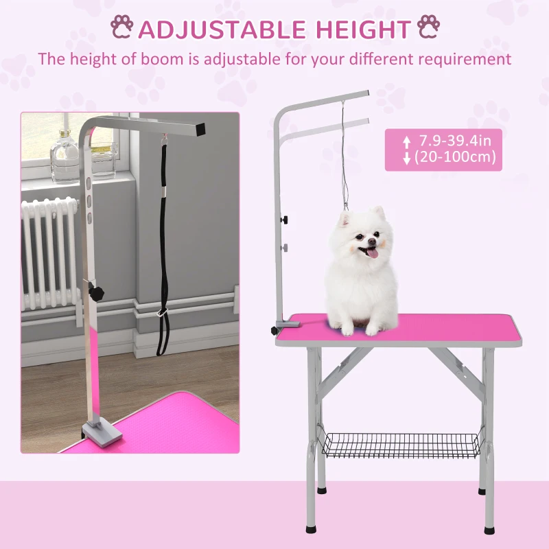 PawHut Foldable Grooming Table for Dogs with Height Adjustable Grooming Arm, Storage Shelf, Pink