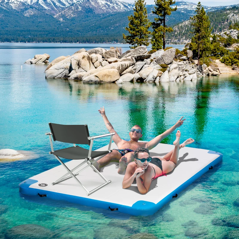 Outsunny 8 x 6ft Water Inflatable Floating Dock, Inflatable Platform Island, Large Floating Mat Raft with Air Pump & Backpack, for Pool, Beach, Ocean, White