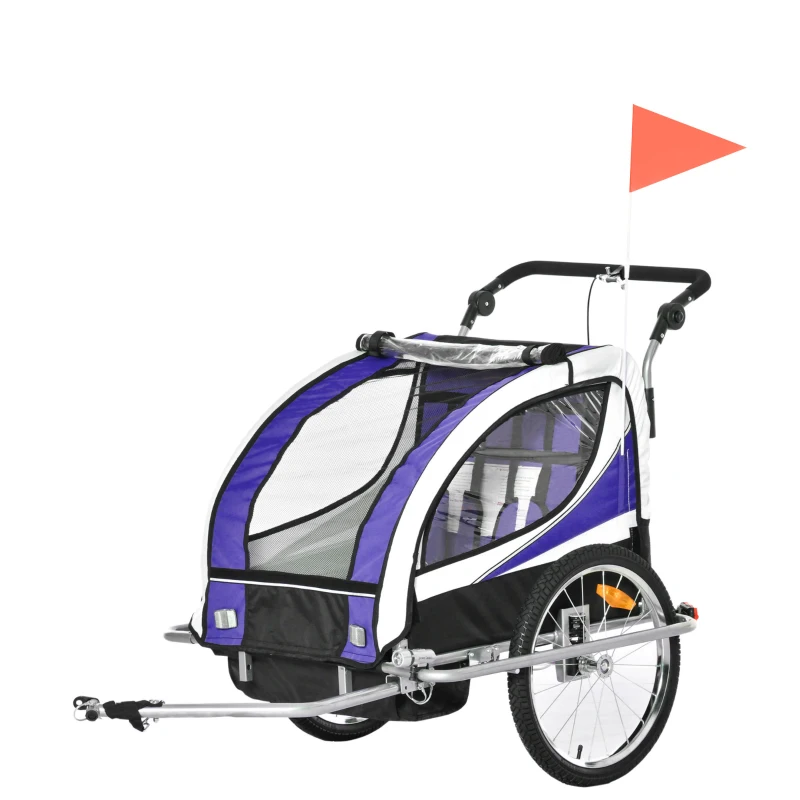 Aosom Foldable Bike Trailer for Kids, Toddler Carrier with 2 Seats, Safety Flag, Light Reflectors, & 5 Point Harness, Purple
