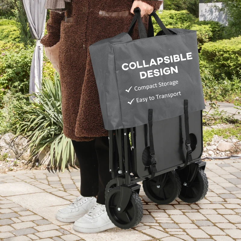 Outsunny Foldable Wagon Garden Carts with Wheels and Side Table, Gray