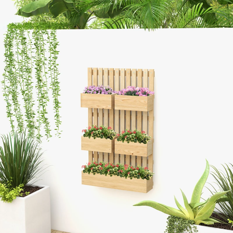 Outsunny 5 Box Raised Garden Bed w/ Trellis for Climbing Plants, Wall-Mounted Wood Planters w/ Drainage Holes, Natural
