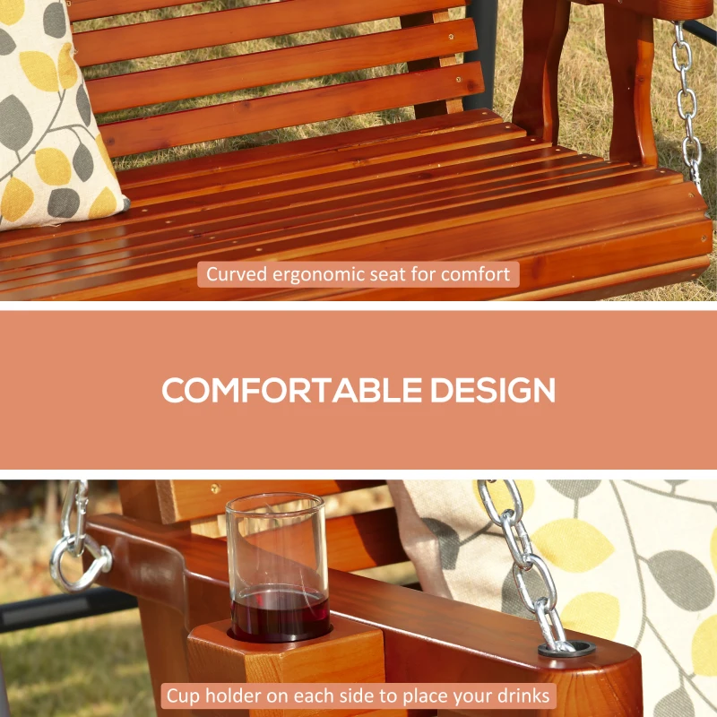 Outsunny Porch Swing with Chains and Cupholders, 2 Person Wooden Patio Swing Chair, 440 lbs. Weight Capacity, for Garden, Poolside, Backyard, Brown
