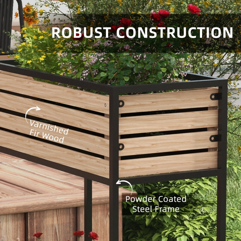 Outsunny Elevated Planter Box, Wooden Raised Garden Bed with Storage Shelf for Flowers, Vegetables, Herbs, Light Brown