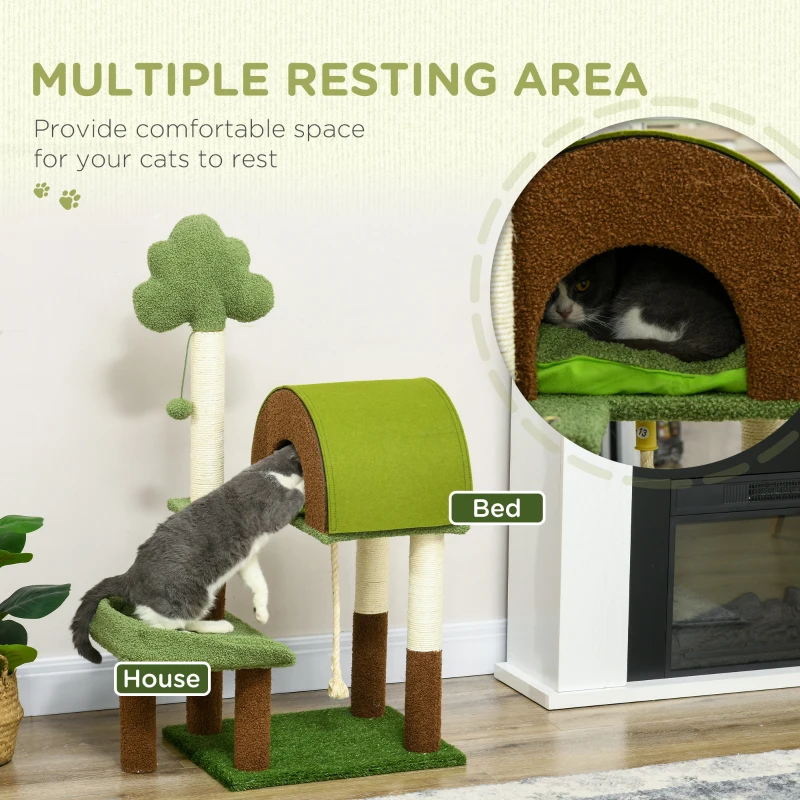 PawHut 42" Cat Tree with Scratching Posts, Cat Tower for Indoor Cats with Bed, House, Toy, Forest Themed, Green