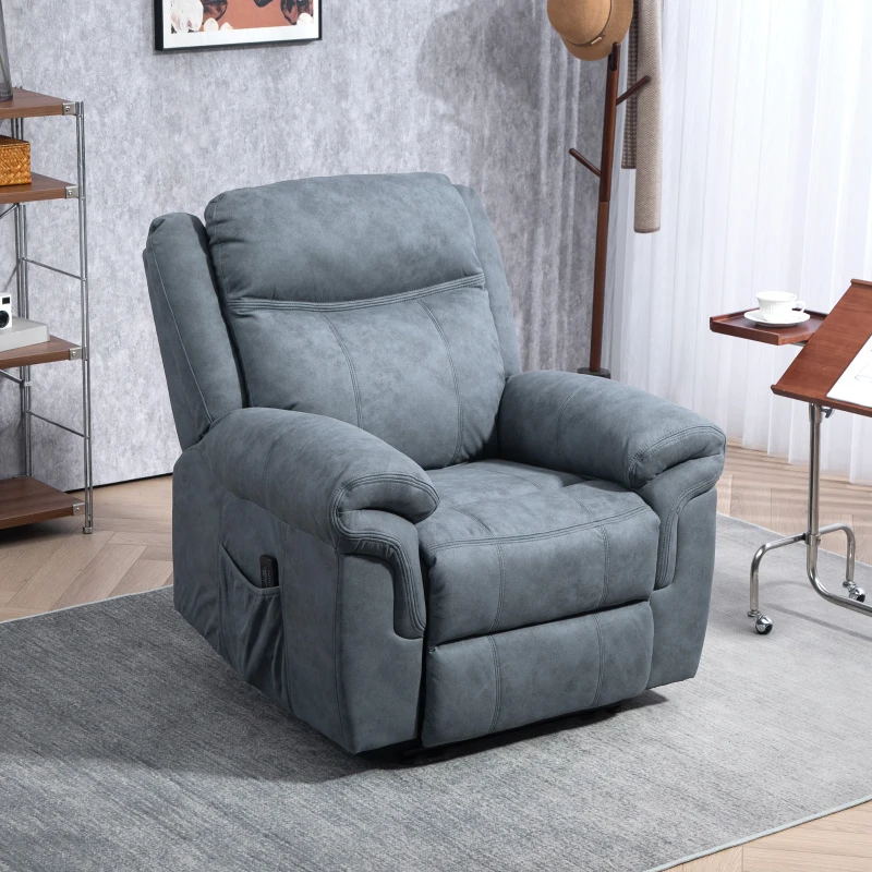 HOMCOM Manual Recliner Chair with Vibration Massage, Side Pockets, Microfibre Reclining Chair for Living Room, Blue-Grey