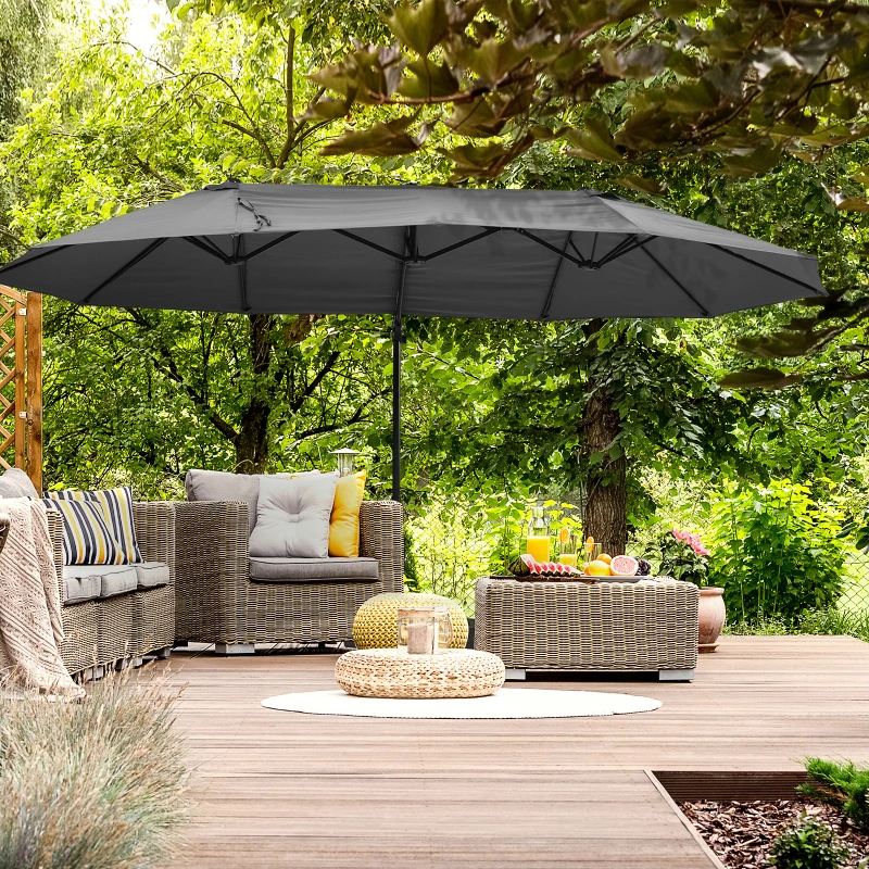 Outsunny 14ft Patio Umbrella Double-Sided Outdoor Market Extra Large Umbrella with Crank, Cross Base for Deck, Lawn, Backyard and Pool, Grey
