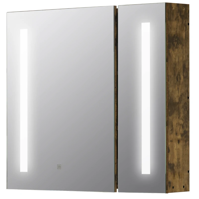 kleankin Lighted Medicine Cabinet with Mirror, 27.5" x 25.5" Wall Mounted Dimmable Bathroom Mirror Cabinet with 3-Tier Storage Shelves, LED Lights, Smart Touch and USB Charge, Dark Wood Grain