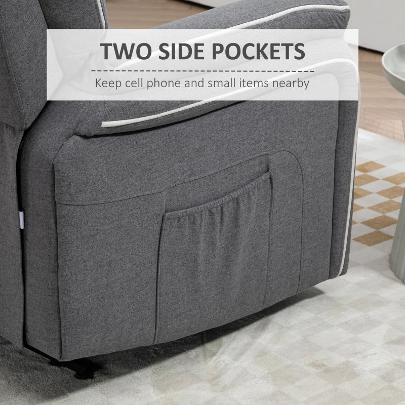 HOMCOM Fabric Reclining Chair, Manual Recliner Chair for Living Room with Footrest, 2 Side Pockets, Steel Frame, Dark Grey