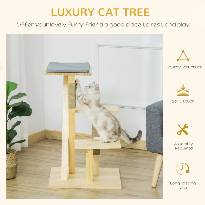 PawHut 31" Cat Tree Kitty Activity Center Pinewood Cat Climbing Toy Indoor Outdoor Pet Furniture with Jute Scratching Post Perch Cushion Natural