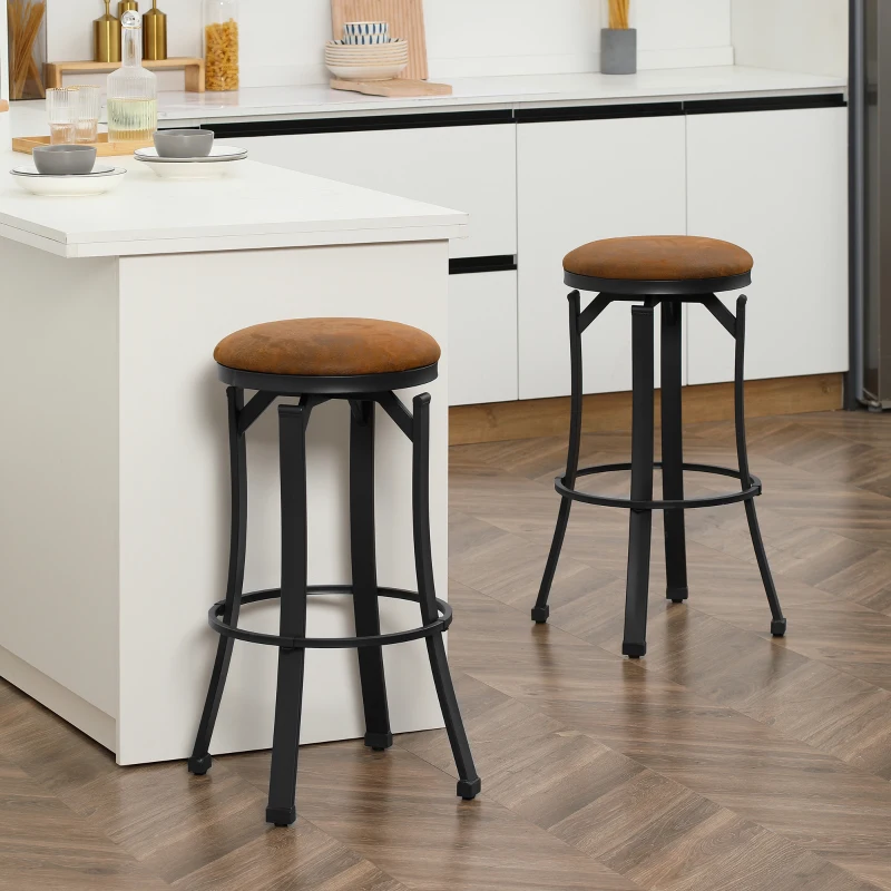 HOMCOM Bar Stools Set of 2, Vintage Swivel Barstools with Footrest, Microfiber Cloth Bar Chairs with Powder-coated Steel Legs for Kitchen and Dining Room, Brown