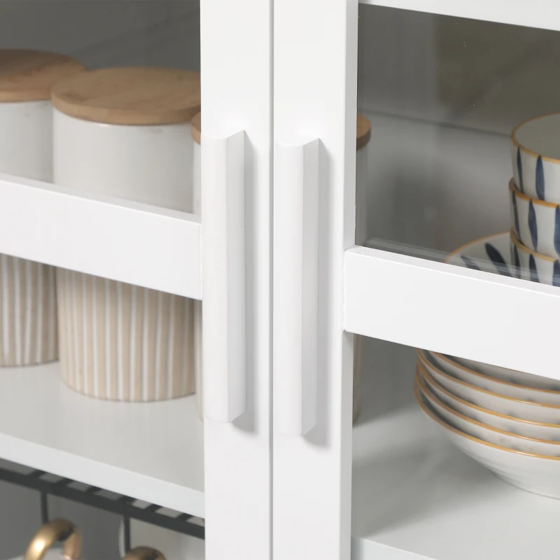 HOMCOM 63" Kitchen Pantry Cabinet, Freestanding Storage Cabinet, Display Cabinet with 2 Glass Door and 2 Adjustable Shelves for Dining Room, White