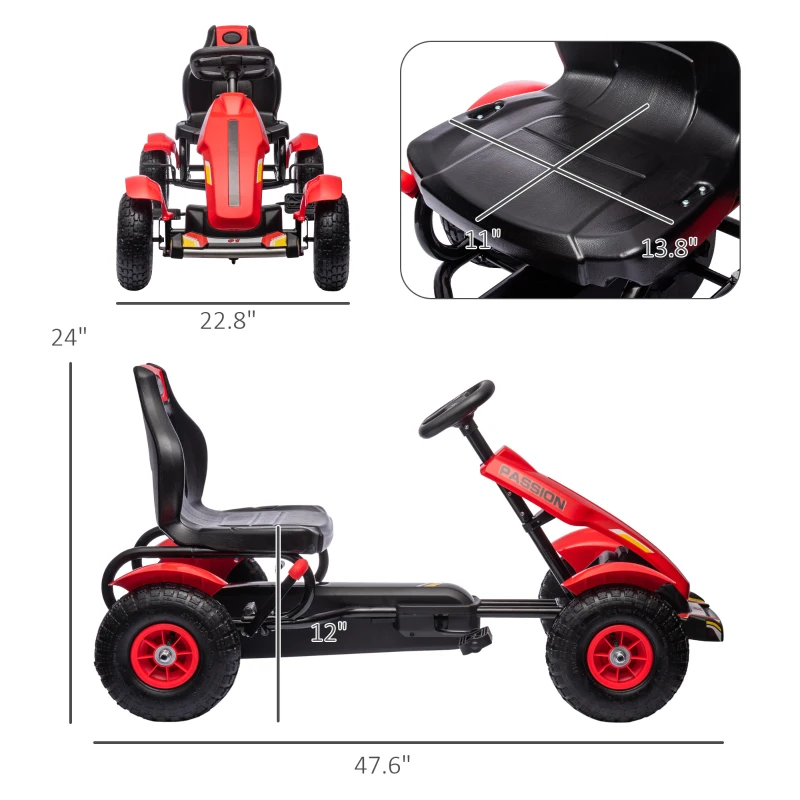 Aosom Kids Pedal Go Kart W/ Adjustable Seat, Rubber Wheels, Red