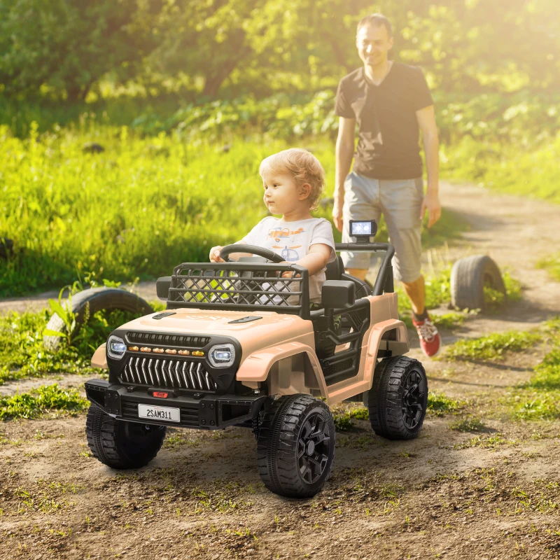 Qaba 12V Battery Powered Ride On Truck, Kids Electric Car with Spring Suspension, Remote, Horn, USB Music, Khaki
