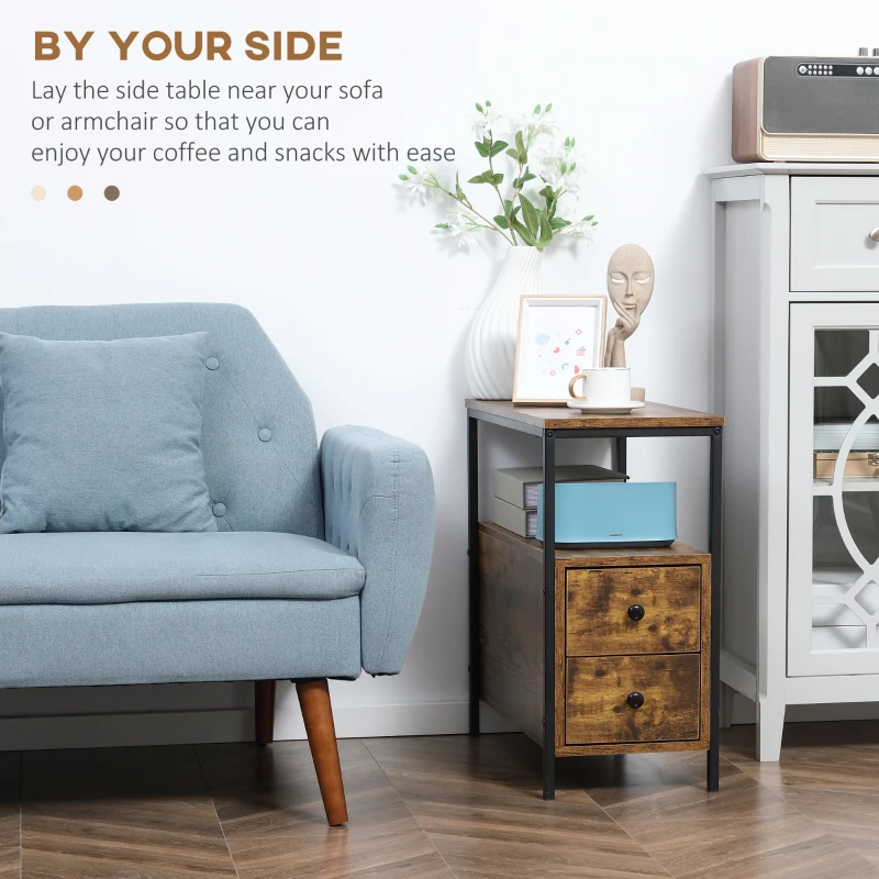 HOMCOM Side Table with 2 Drawers and Storage Shelf, Narrow End Table Nightstand with Metal Frame for Small Spaces, Rustic Brown