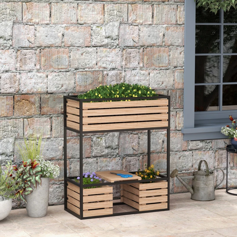 Outsunny Elevated Planter Box, Wooden Raised Garden Bed with Storage Shelf for Flowers, Vegetables, Herbs, Light Brown