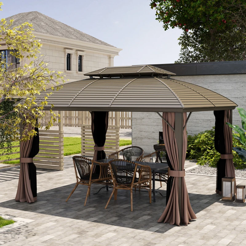 Outsunny 10' x 12' Hardtop Gazebo Canopy with Double Roof, Netting and Curtains for Garden, Backyard, Deck, Coffee