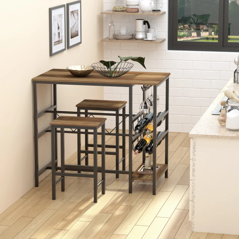 HOMCOM 3 Pieces Bar Table Set, Counter Height Table with 8-bottle Wine Rack and Cup Holder, 2 Stools with Metal Frame for Kitchen, Dining Room, Living Room, Pub