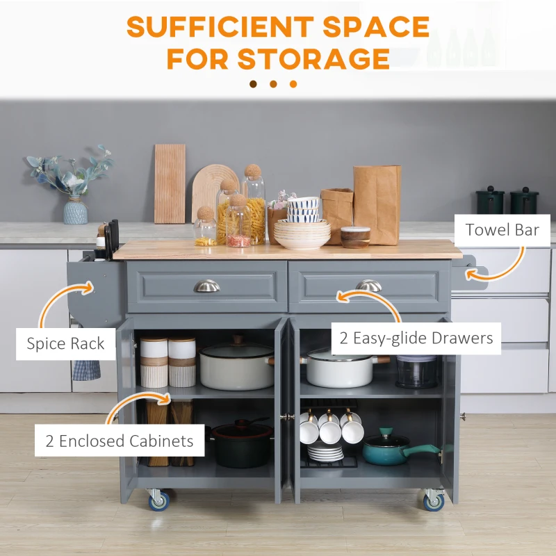 HOMCOM Rolling Kitchen Island on Wheels Utility Cart with Drop-Leaf and Rubber Wood Countertop, Storage Drawers, Door Cabinets, Grey