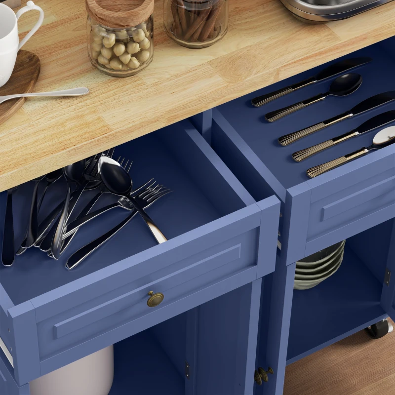 HOMCOM Kitchen Island with Storage, Rolling Trolley Cart with Rubber Wood Top, Spice Rack, Towel Rack, Navy Blue