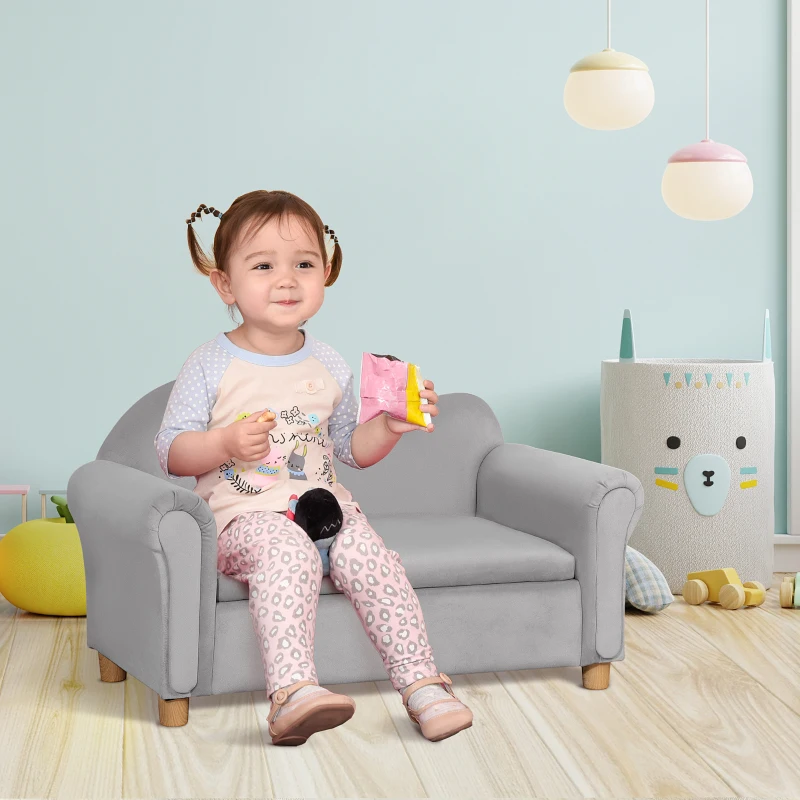 Qaba Ergonomic Foam Kids Sofa with Inner Toy Storage Chest, Velvet Kids Couch with Soft Arms, Children's Lounge Furniture, Gray