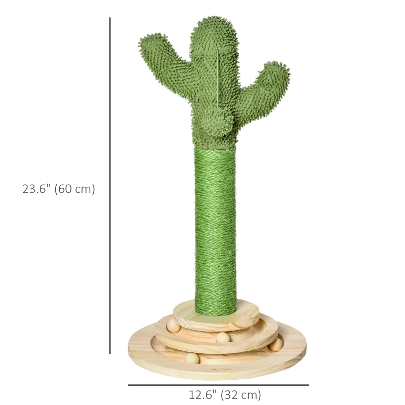 PawHut Cat Scratching Post, Cute Cactus Scratching Post, Nature Sisal Cat Scratcher with Ball Toys for Indoor Cats