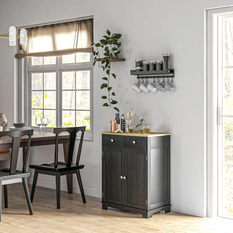 HOMCOM Kitchen Storage Cabinet, Sideboard Floor Cupboard with Solid Wood Top, Adjustable Shelf, and 2 Drawers, Distressed Black
