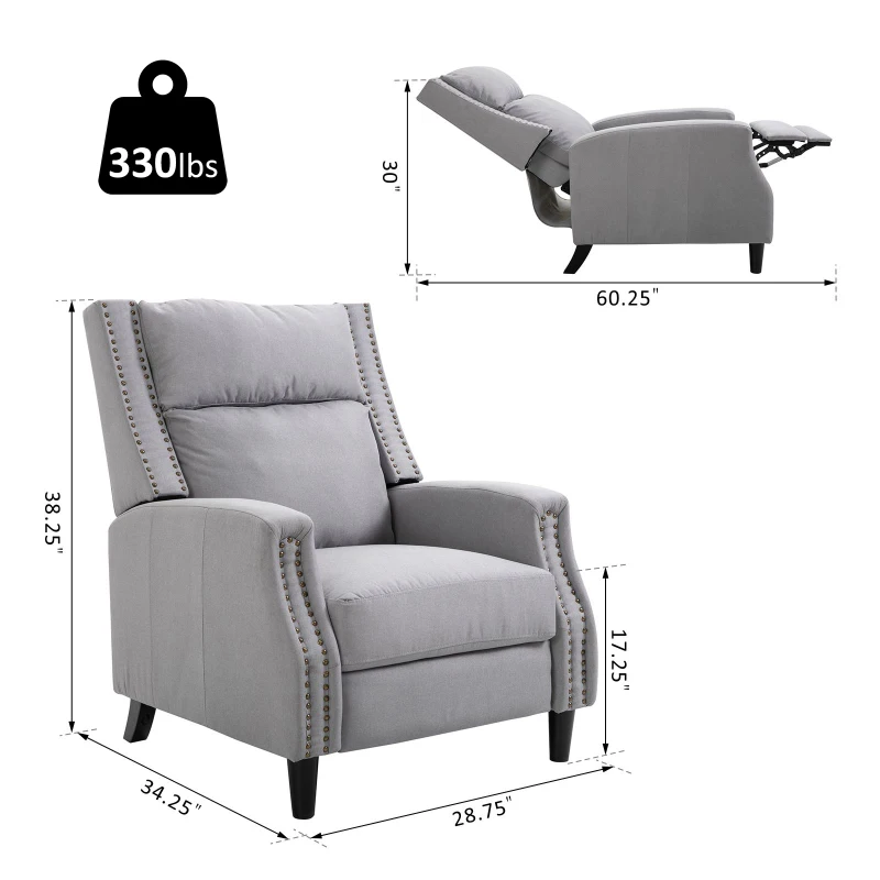 HOMCOM Manual Reclining Sofa, Upholstered Push Back Recliner Armchair for Living Room, Bedroom, Home Theater Seating w/Padded Seat and Backrest, Nailhead Trim, Wooden Legs, Grey