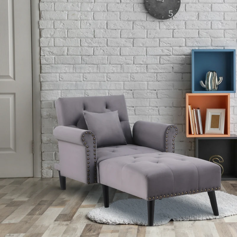 HOMCOM 2-In-1 Chaise Lounge Indoor with Rolled Armrest, Nailhead Trim and Button Tufting, Adjustable Velvet Fabric Upholstered Sofa for Bedroom and Living Room, Grey